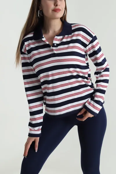 Lacivert Polo Yaka Çizgili Kadın Viskon Bluz 489527