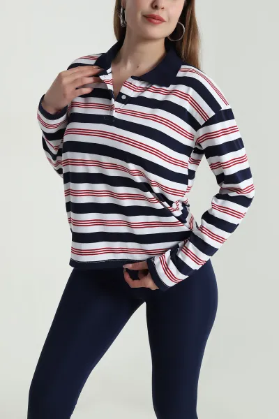 Lacivert Polo Yaka Çizgili Kadın Viskon Bluz 489527