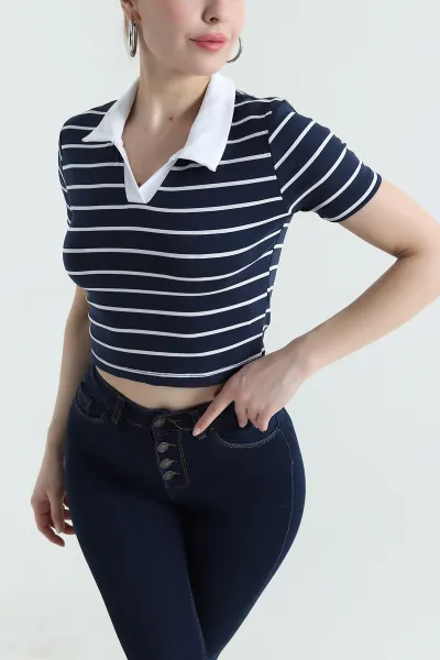 lacivert-polo-yaka-cizgili-kompak-kadin-tisort-435294