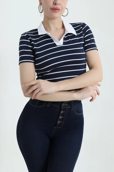 Lacivert Polo Yaka Çizgili Kompak Kadın Tişört 435294