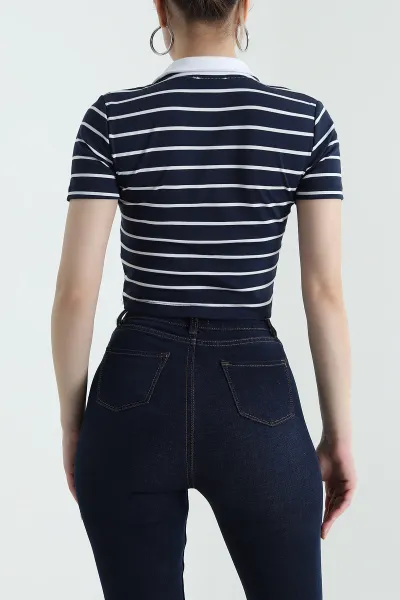 Lacivert Polo Yaka Çizgili Kompak Kadın Tişört 435294