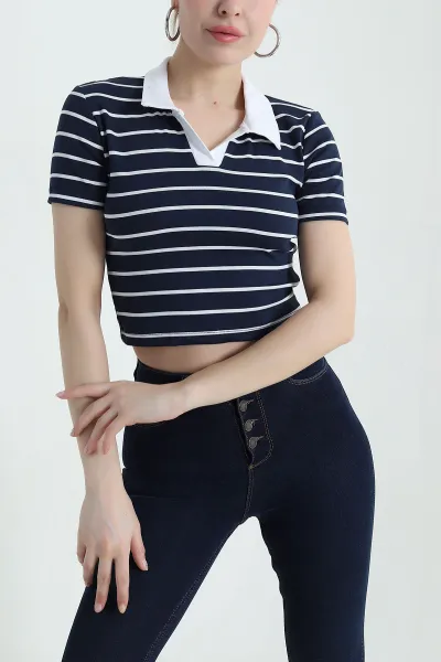 Lacivert Polo Yaka Çizgili Kompak Kadın Tişört 435294