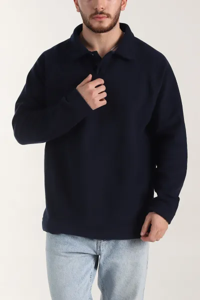 Lacivert Polo Yaka Düğmeli Uzun Kollu Polar Kumaş Erkek Sweatshirt 404281