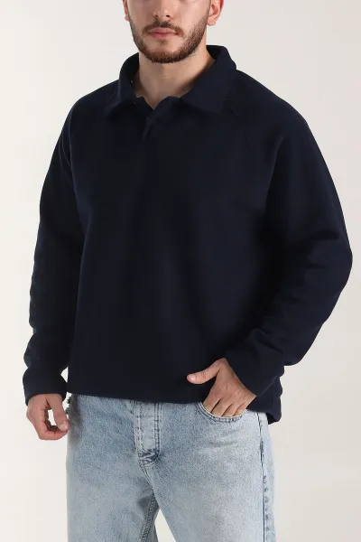 Lacivert Polo Yaka Düğmeli Uzun Kollu Polar Kumaş Erkek Sweatshirt 404281