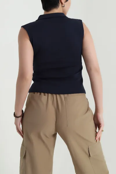 Lacivert Polo Yaka Fermuarlı Kadın Body Bluz 467083