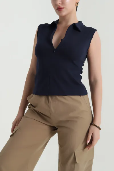 Lacivert Polo Yaka Fermuarlı Kadın Body Bluz 467083