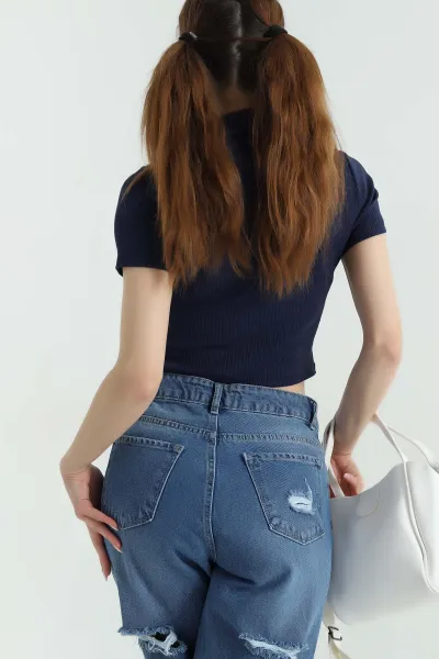 Lacivert Polo Yaka Fitilli Bluz 358362