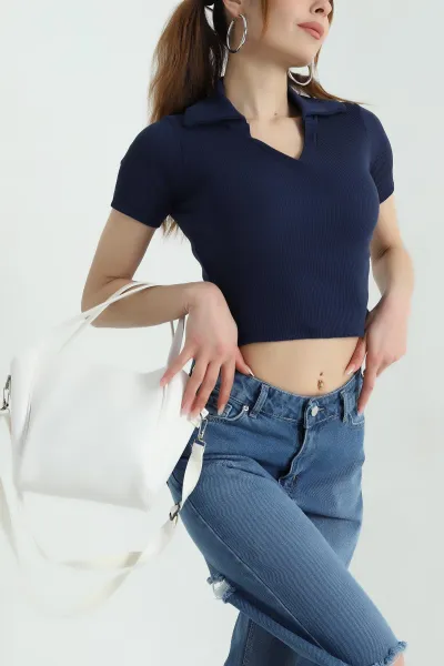 Lacivert Polo Yaka Fitilli Bluz 358362