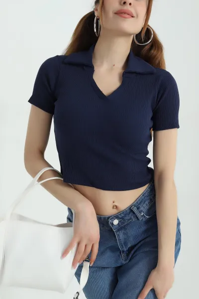 Lacivert Polo Yaka Fitilli Bluz 358362