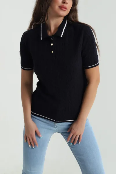 Lacivert Polo Yaka Kadın Triko Bluz 484253
