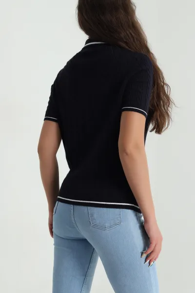 Lacivert Polo Yaka Kadın Triko Bluz 484253
