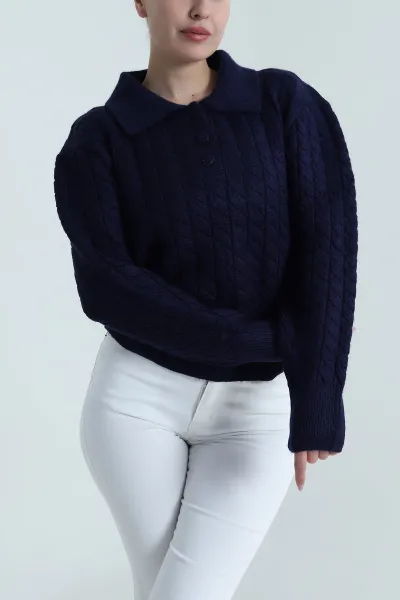 Lacivert Polo Yaka Kadın Triko Kazak 487290