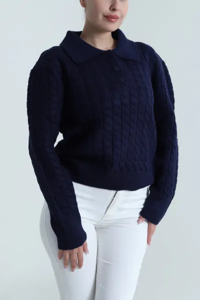 Lacivert Polo Yaka Kadın Triko Kazak 487290