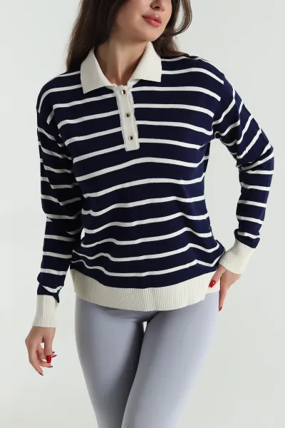 Lacivert Polo Yaka Kadın Triko Kazak 490683