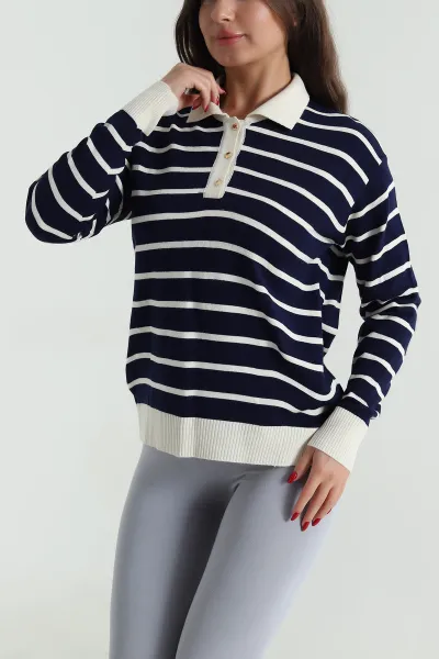 Lacivert Polo Yaka Kadın Triko Kazak 490683
