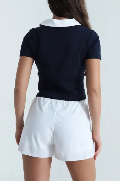 Lacivert Polo Yaka Kompak Kadın Tişört 479579