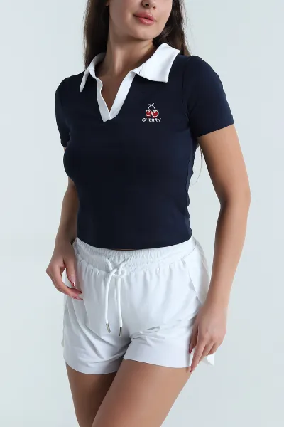 Lacivert Polo Yaka Kompak Kadın Tişört 479579