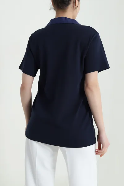 Lacivert Polo Yaka Kristal Kadın Bluz 449062