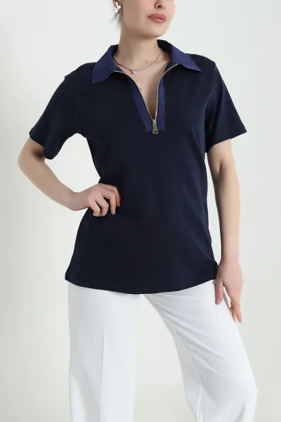Lacivert Polo Yaka Kristal Kadın Bluz 449062
