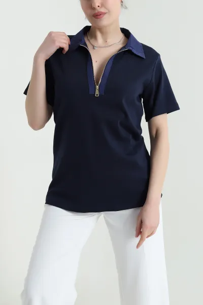 Lacivert Polo Yaka Kristal Kadın Bluz 449062
