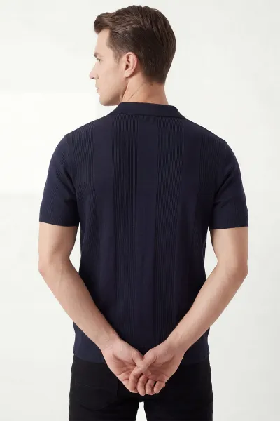 Lacivert Polo Yaka Likralı Erkek Triko Tişört 444353