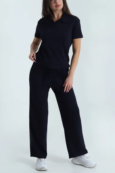 Lacivert Polo Yaka Palazzo Modal Kadın İkili Takım 478655