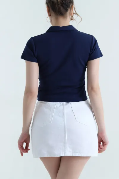 Lacivert Polo Yaka Ribana Kadın Bluz 446619