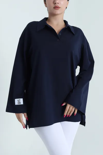 Lacivert Polo Yaka Salaş Uzun Kol Kadın Tunik 477259