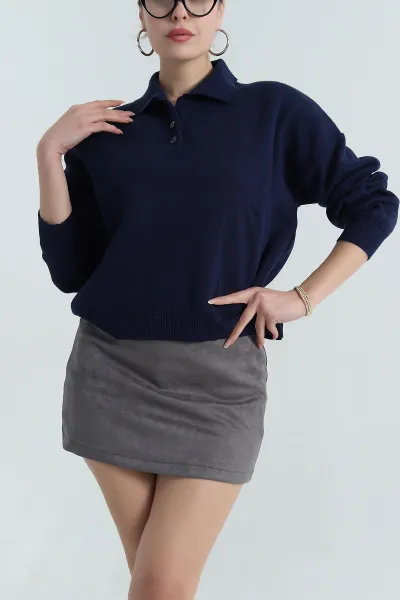 Lacivert Polo Yaka Triko Kadın Kazak 403821