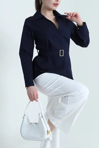 Lacivert Poplin Kruvaze Yaka Kadın Gömlek 442573