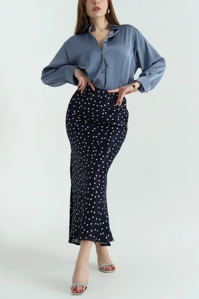 Lacivert Puantiyeli Bel Lastikli Saten Etek 333797