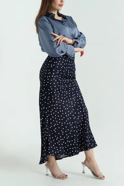 Lacivert Puantiyeli Bel Lastikli Saten Etek 333797