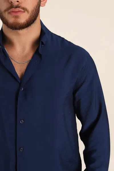 Lacivert Regular Fit Ata Yaka Basic Uzun Kollu Erkek Gömlek 370032
