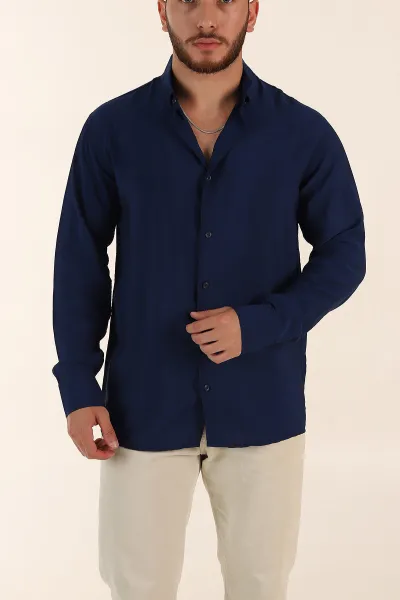 Lacivert Regular Fit Ata Yaka Basic Uzun Kollu Erkek Gömlek 370032