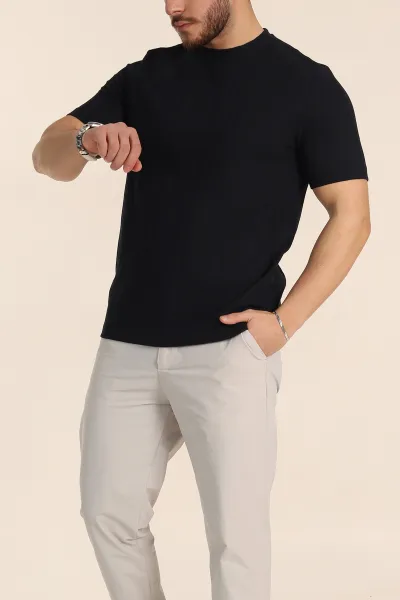 Lacivert Regular Fit Çizgi Dokulu Basic Erkek Tişört 348082