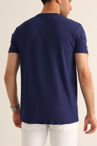 Lacivert Regular Fit Çizgi Dokulu Erkek Tişört 182314