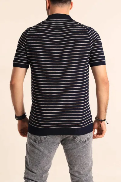 Lacivert Regular Fit Çizgili Apaş Yaka Triko Tişört 254699