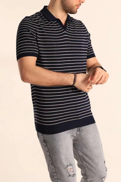 Lacivert Regular Fit Çizgili Apaş Yaka Triko Tişört 254699
