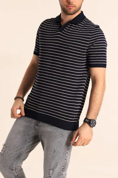 Lacivert Regular Fit Çizgili Apaş Yaka Triko Tişört 254699