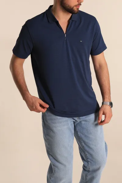 Lacivert Regular Fit Dokulu Fermuarlı Polo Yaka Erkek Tişört 277199