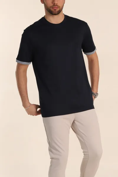 Lacivert Regular Fit Duble Kol Detaylı Basic Erkek Tişört 346320