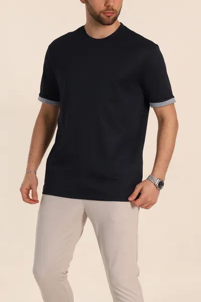 Lacivert Regular Fit Duble Kol Detaylı Basic Erkek Tişört 346320