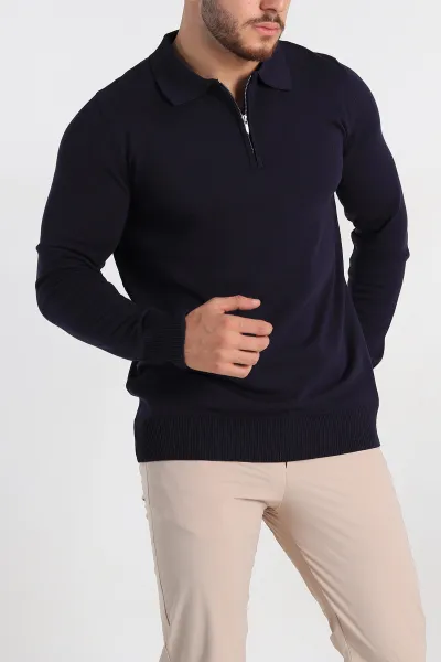 Lacivert Regular Fit Fermuarlı Polo Yaka Erkek İnce Triko 309188