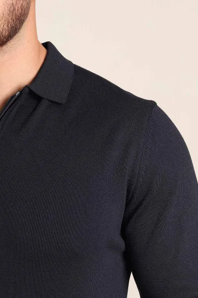 Lacivert Regular Fit Fermuarlı Polo Yaka Uzun Kollu Triko 393302