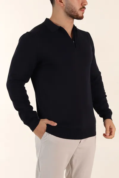 Lacivert Regular Fit Fermuarlı Polo Yaka Uzun Kollu Triko 393302