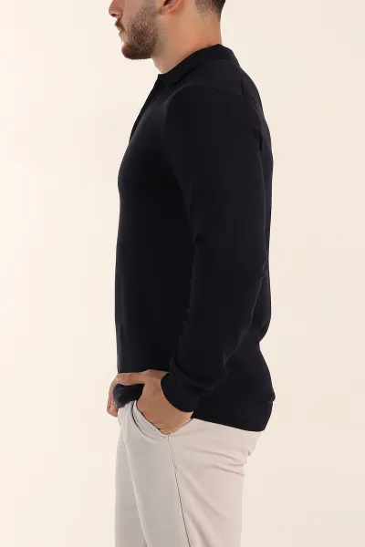 Lacivert Regular Fit Fermuarlı Polo Yaka Uzun Kollu Triko 393302