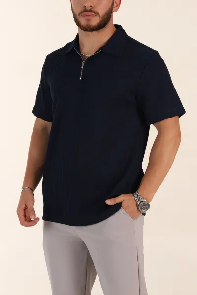 Lacivert Regular Fit Fitilli Doku Fermuarlı Polo Yaka Erkek Tişört 369059