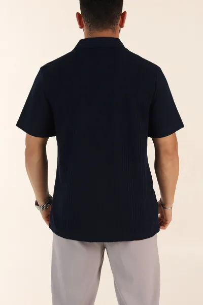 Lacivert Regular Fit Fitilli Doku Fermuarlı Polo Yaka Erkek Tişört 369059