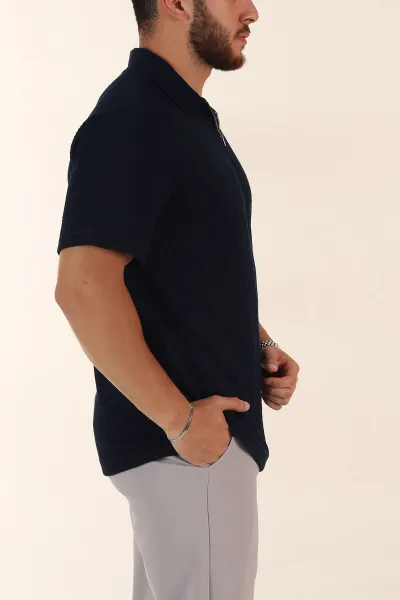 Lacivert Regular Fit Fitilli Doku Fermuarlı Polo Yaka Erkek Tişört 369059