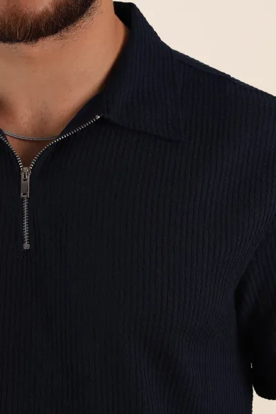 Lacivert Regular Fit Fitilli Doku Fermuarlı Polo Yaka Erkek Tişört 369059